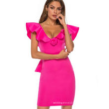 Women Bodycon Dress Ruffles Deep V Neck Sexy Lady Party Clubwear Dinner Evening Slim Tunic Rose Red Femme Package Hip Robes 2019